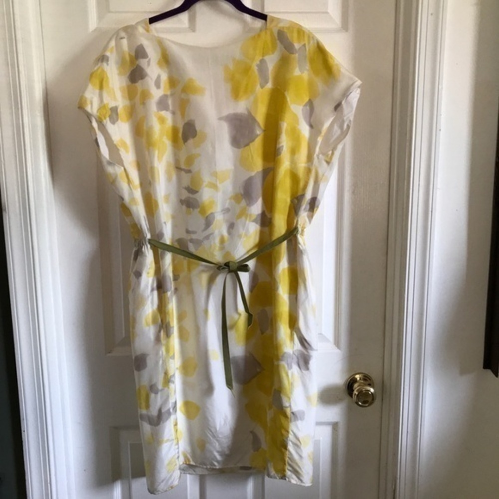Lavia silk yellow watercolor drawstring waist cap sleeve dress
